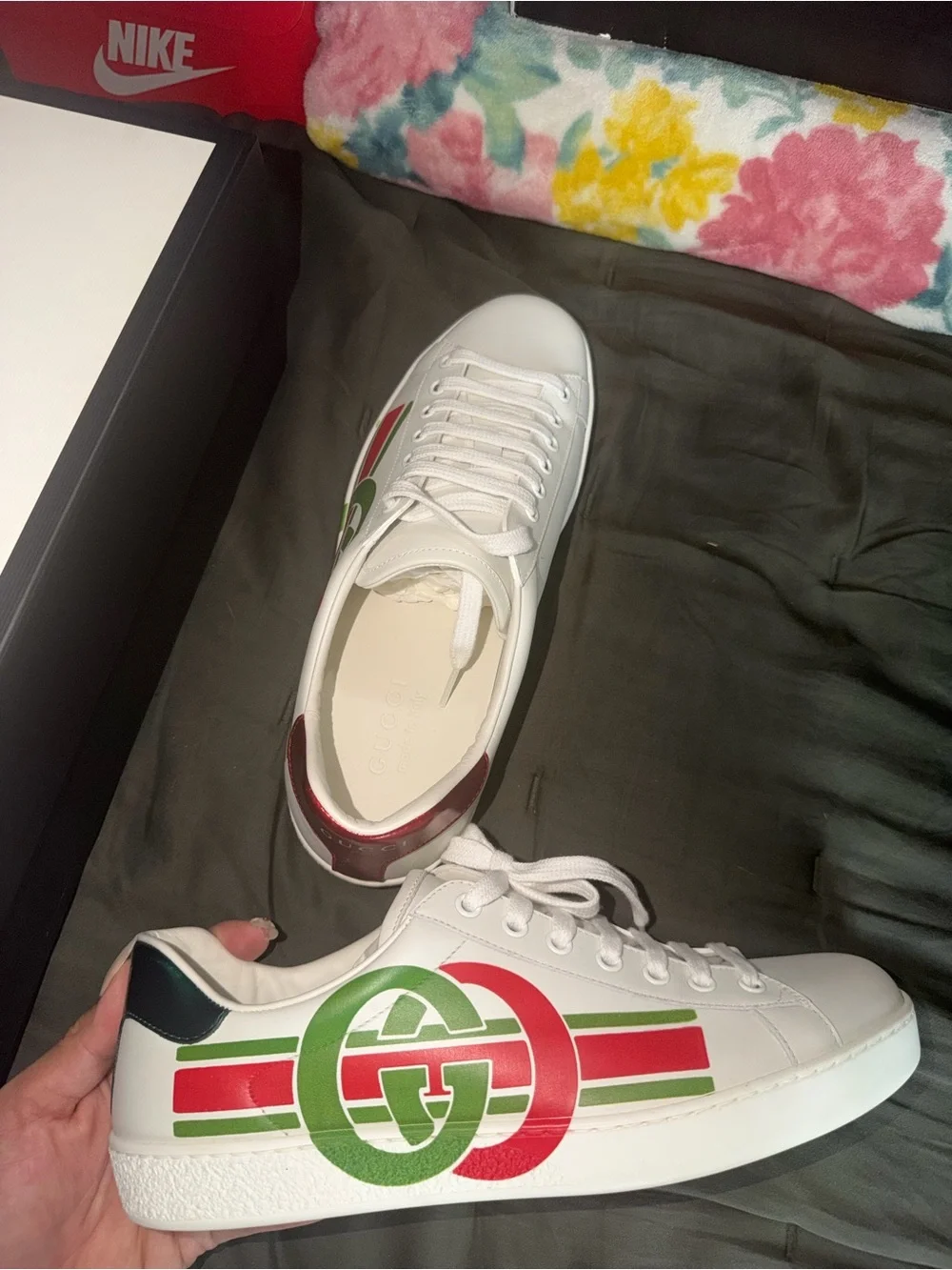 Gucci White Leather Sneakers with Red & Green